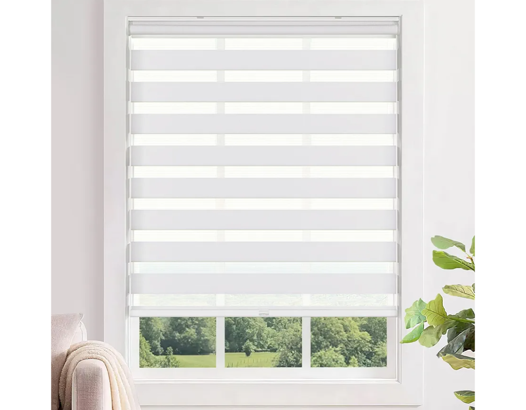 LazBlinds No Tools No Drill Cordless Zebra Blinds for Windows, Dual Layer Light Control for Day and Night, Light Filtering Privacy Roller Blinds and Shades for Home, 42" W x 72" H, White