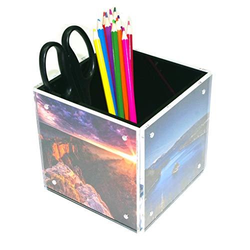HESIN 4-side Acrylic Photo Block Cube Tabletop Pen holder Desktop Storage Organizer for Office Classroom Home Packaging Containers of Plastic Picture Frame for 5" x5" photo size