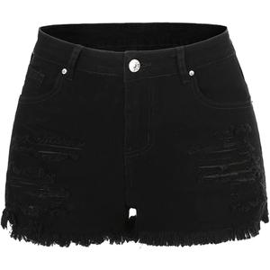 THUNDER STAR Women Mid Rise Ripped Stretchy Jeans Shorts Frayed Raw Hem Casual Denim Shorts (Black, XL)