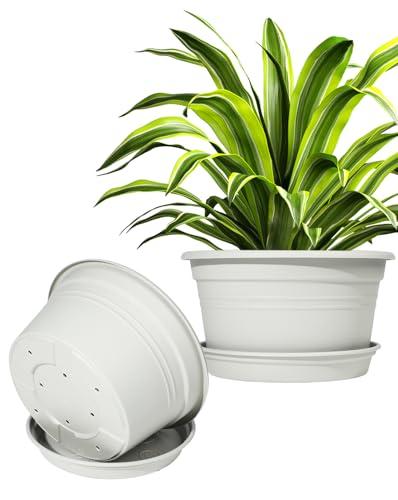 Large Flower Pots 4-Pack, Grey Plastic Planters with Drainage Hole & Tray, Indoor Outdoor Modern Plant Pots for House Plants, Garden, Patio, Office Home Decor