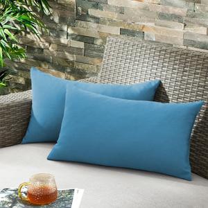 puredown Outdoor Water Resistant Throw Pillows, Feathers and Down Filled Decorative Pillows for Couch Cushion Garden Bench 12 x 20 Inch, Set of 2, Blue