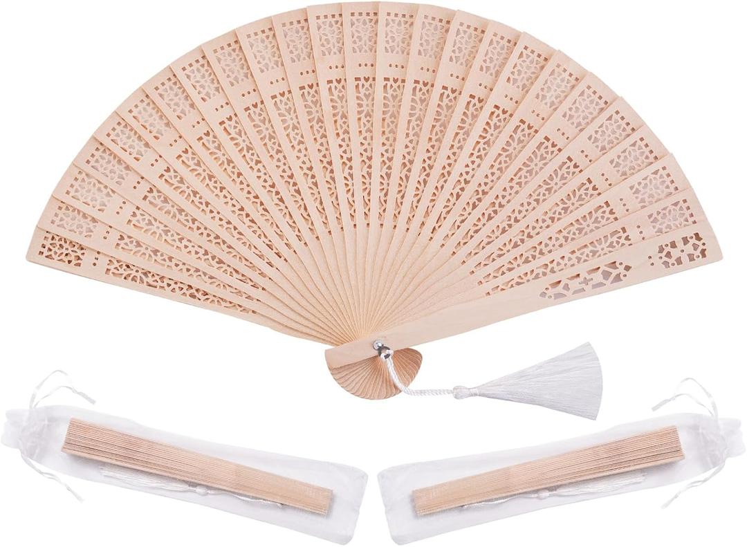 Sepwedd 50 Set Sandalwood Fan Wooden Hand Fan Baby Shower Party Favors with Organza Bags and Tassels Wooden Folding Fan