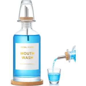 Glass Mouthwash Dispenser Set with Cup & Bamboo Tray, 350ml/11.8oz Refillable Mouth Wash Bottle for Bathroom Countertop, Stainless Steel Pour Spout & Funnel, Modern Vanity Organizer (Clear)