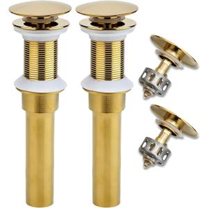 Rockgoya Bathroom Sink Drain, 2 Pack Gold Drain Stopper Bathroom Sink Without Overflow, Pop Up Drain Assembly with Detachable Strainer Basket, Built-in Anti-Clogging Strainer, Stainless Steel
