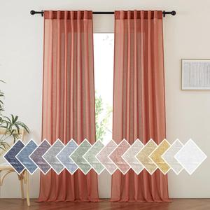 NICETOWN Linen Sheer Burnt Orange Curtains, Rod Pocket & Back Tab Faux Linen Semi Sheer Burlap Window Treatments Privacy with Light Filtering for Bedroom/Living Room, W52 x L95, 2 Panels