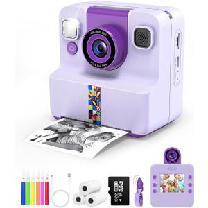 Nreonrick Kids Camera Instant Print, Selfie Digital Instant Cameras, Reversible Lens Mini Toddler Camera with 3 Roll Paper Toys for Boys Girls Age 3-12 in Halloween Christmas Birthday 32GB Card Purple