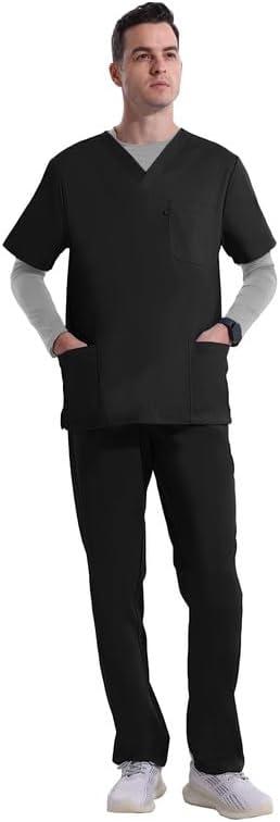 Uniforms World Elvis Scrubs Set for Men  Classic V-Neck Stretch Top & Straight Pants, Elastic Waistband, 7 Pockets (X-Small, Black)