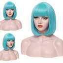 PATTNIUM 12 Inches Blue Bob Wig Short Teal Wig with Bangs for Women Girls Heat Resistant Synthetic Wigs, Light Blue