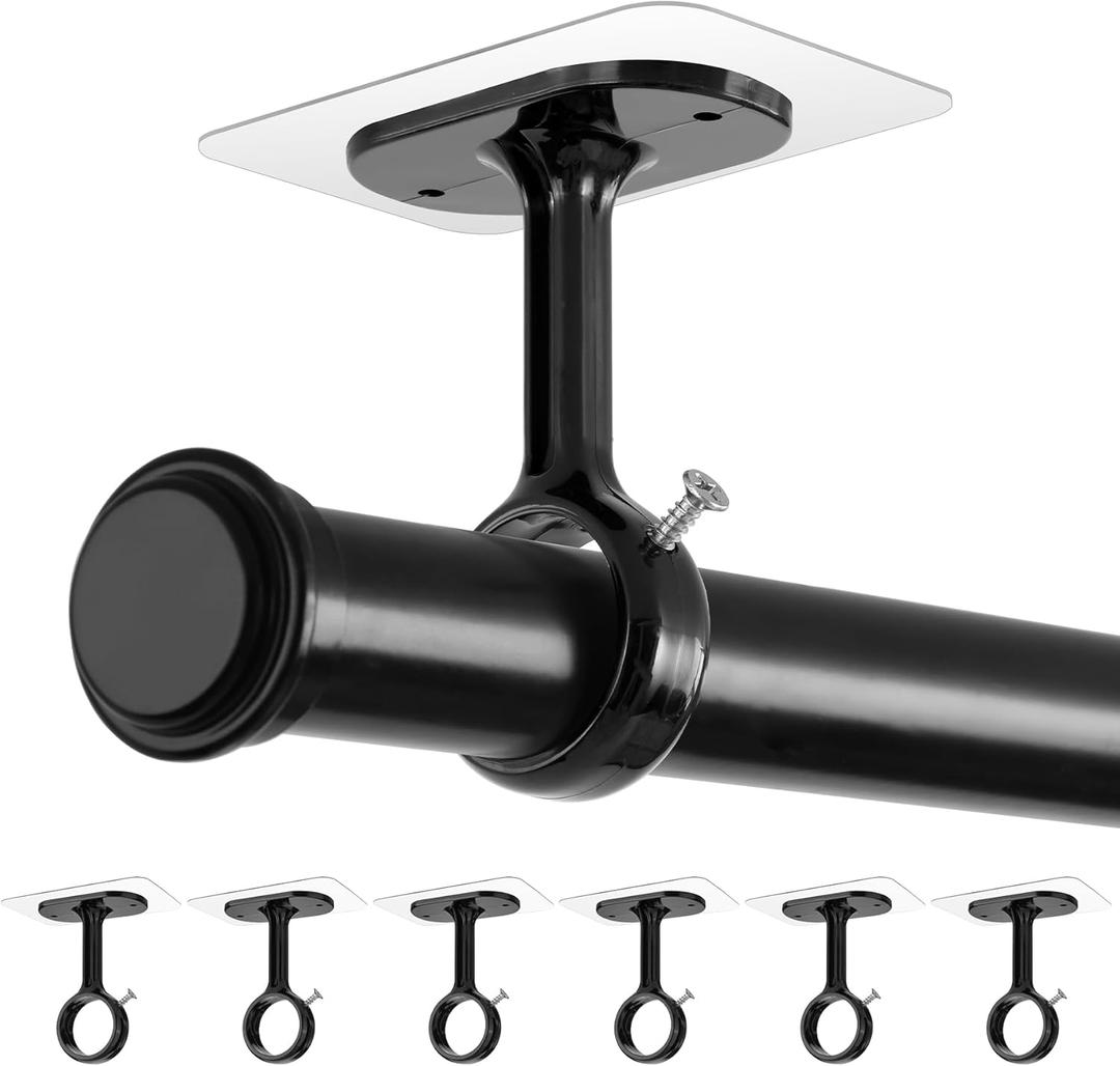 No Drill Curtain Rod Brackets, (6 Pack) Ceiling Mount Self Adhesive Rod Holder No Screw, Heavy Duty Curtain Hooks Hanging 1.2" Dia Curtain Rods for Bathroom Bedroom Kitchen (Black)