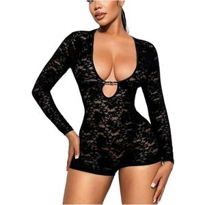 OYOANGLE Women's Long Sleeve Low Cut Floral Lace Romper Y2K Going Out Skinny Short Jumpsuits (Large, Black)