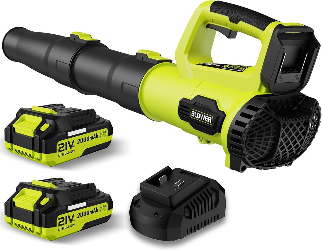 Leaf Blower, 21V Cordless Electric Blower with 2 2.0Ah Batteries and 1 Hour Fast Charger, Lightweight Leaf Blower for Patio Cleaning, Lawn Care, Blowing Fallen Leaves and Dust, etc. (Green)