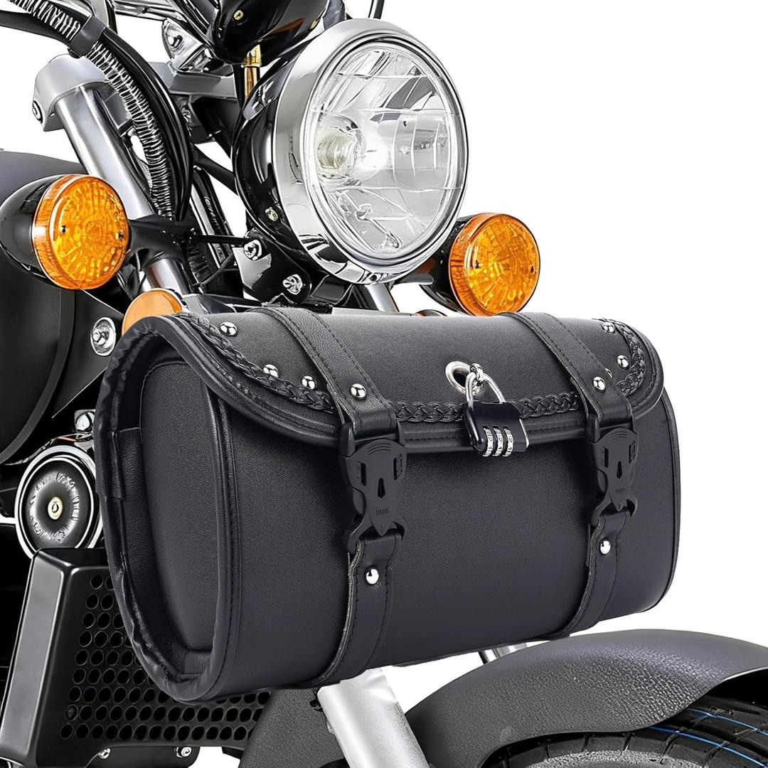 Universal Motorcycle Handlebar Bag,Side Lock PU Leather Motorcycle Fork Bag,Handlebar Bag Horizontal And Vertical Double Fixed Design,With Password Lock Riding Anti-Theft Saddle Bags