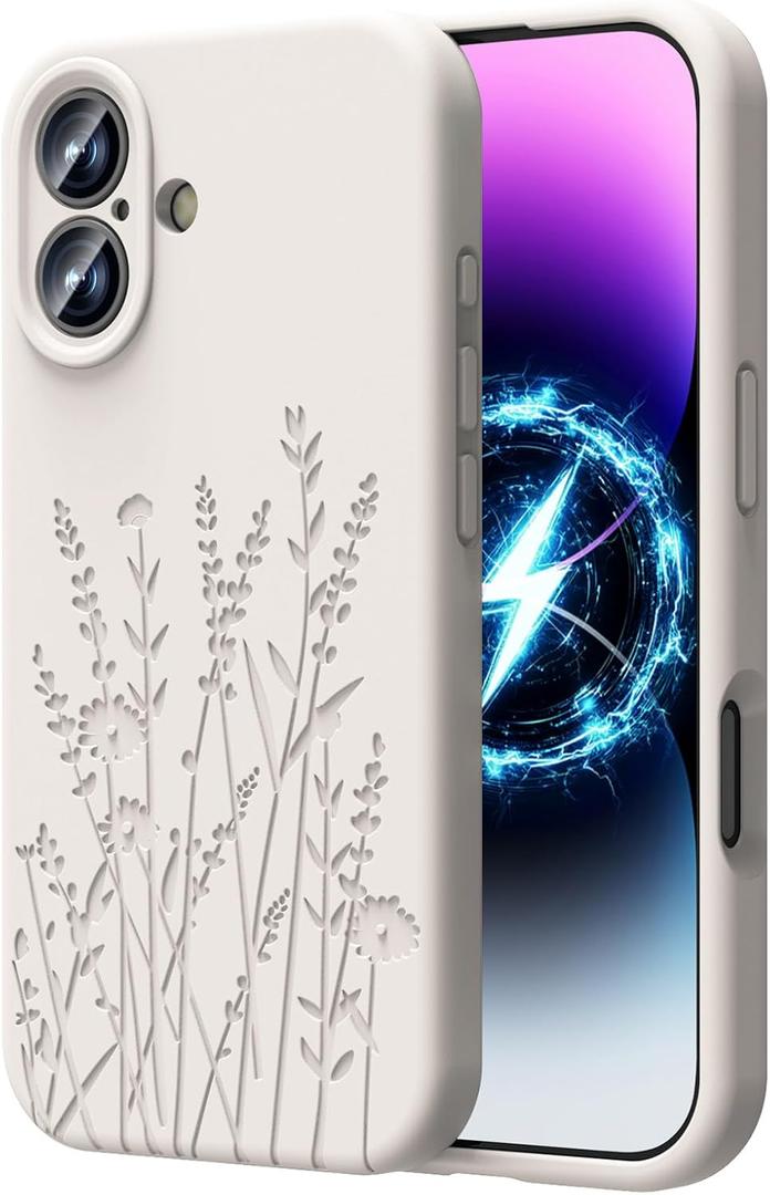 OAOA Magnetic Engraved Case Compatible with iPhone 17 Case, Compatible with Magsafe, Camera All-Round Protection, Slim Liquid Silicone Phone Case for Women Girls, Stone Flower