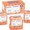 Pura Hypoallergenic Diapers, Size 2 (713 lbs) Totally Chlorine Free, Wetness Indicator, Suitable for Sensitive Skin, Soft Organic Cotton, Overnight, 3 Packs of 29 (87 Baby Diapers)