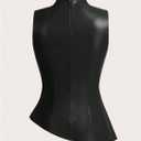 SHENHE Women's Mock Neck PU Leather Pleated Asymmetrical Sleeveless Fitted Dressy Tank Top (Black, XXL)