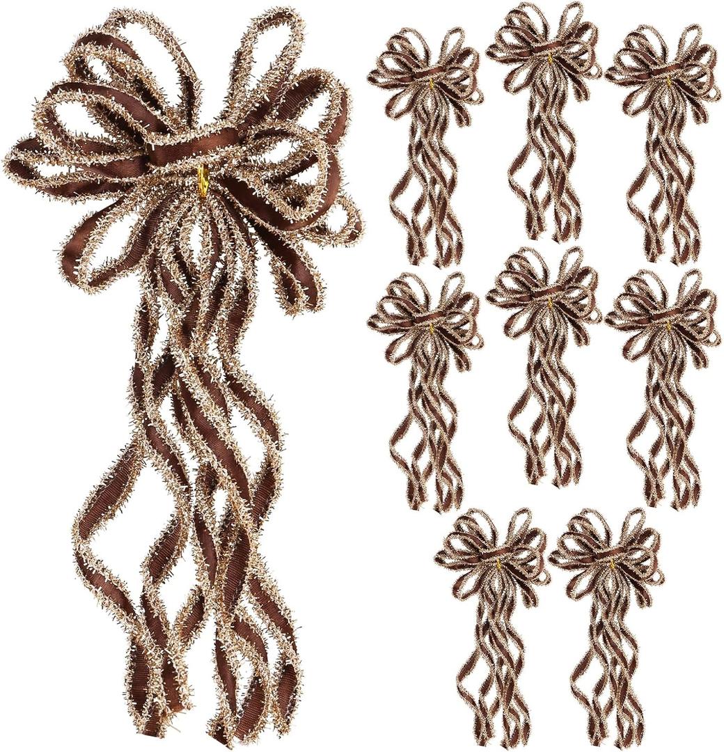 2 x SY Super Bang 8 Pcs Coffee/Gold Velvet Christmas Bows for Christmas Tree Decorations Door Wreath Garland Bow Ornaments, for Gift Wrapping Wedding Home Holiday Party Decor.