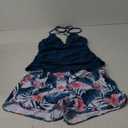 Women's Tankini Swimsuit with Shorts - Halter Two Piece Swimsuit 2025 Tummy Control Bathing Suit with Pockets (Large, Teal Flower)