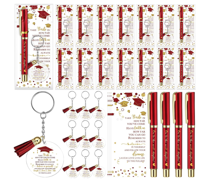 Motiskyy 50 Set Graduation Gifts Party Favor, Class of 2026 Graduation Gifts Bulk Include Ballpoint Pens Positive Cards Acrylic Keychains with Tassel for Middle Senior School Party Supplies (Red)