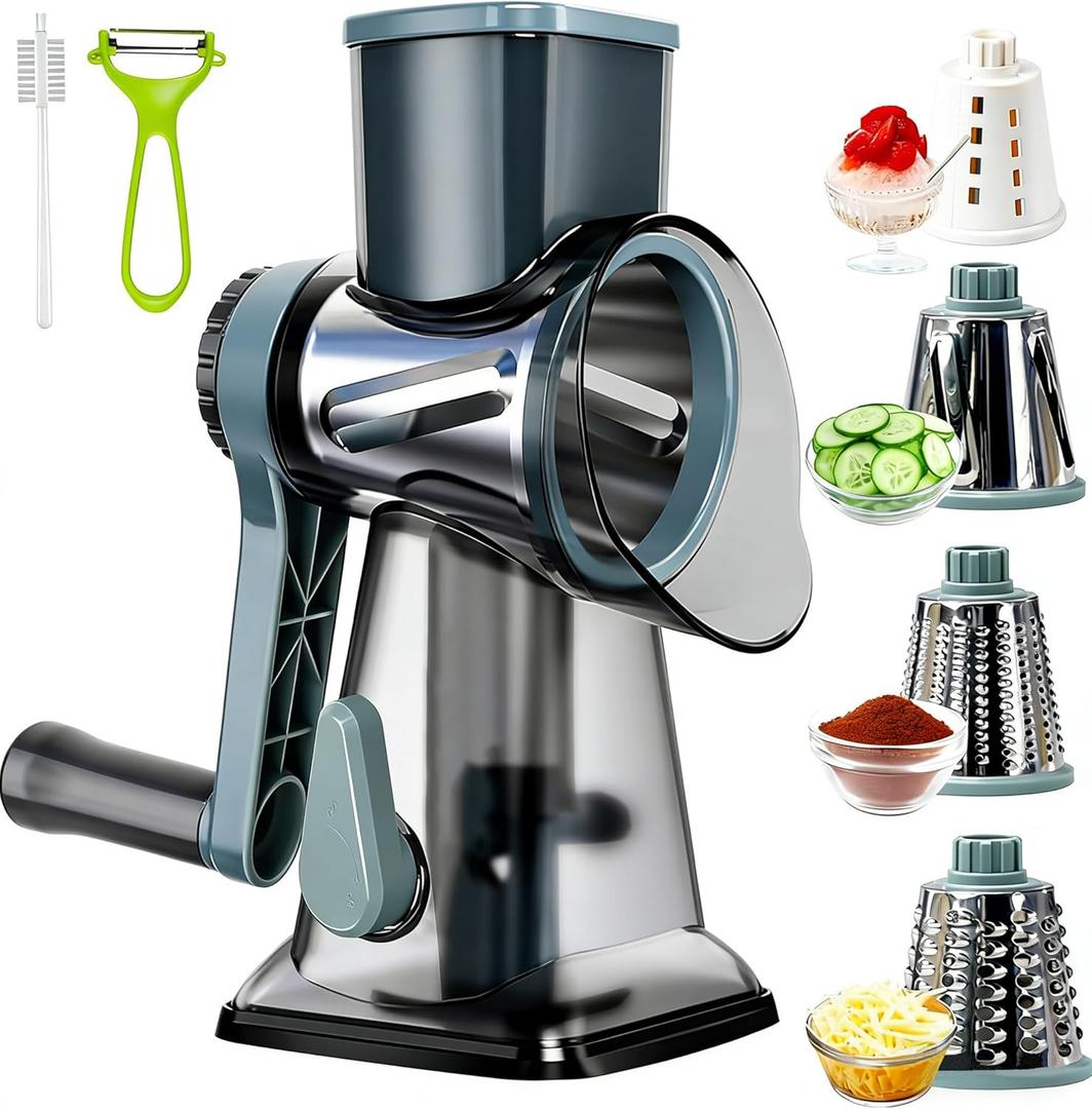 Cheese Grater,Rotary Cheese Grater with Handle, Multifunctional Rotary Cheese Shredder Effortlessly Grates Cheese, Vegetables, and Fruits (Blue)