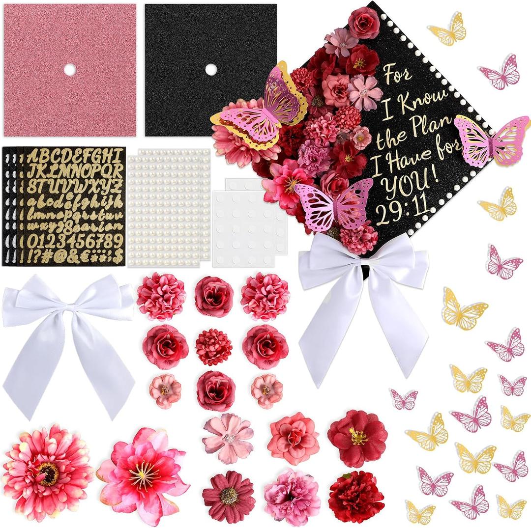 55 Pcs Rose Red DIY Graduation Cap Decorations Faux Assorted Flowers White Bows 3D Butterfly Stickers Glitter Alphabet Letter Number Decals for DIY Hat Grad Cap Topper Graduation Party Supplies