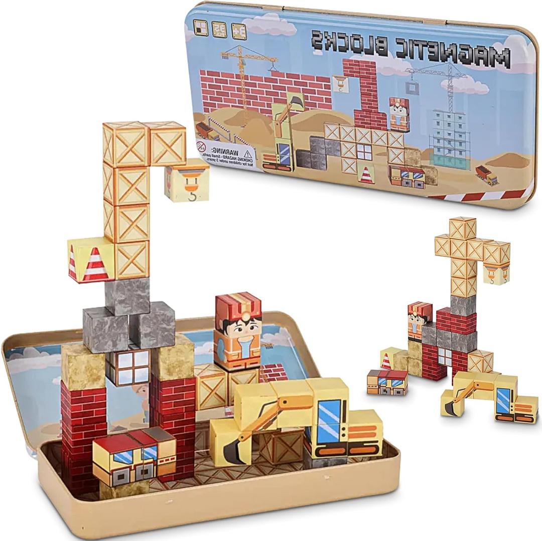 35PCS Magnetic Blocks for Kids - STEM Learning Creative Construction Sets Building Cubes with Portable Iron Storage Box, Educational Travel Games, Road Trip Sensory Toys Magnetic Tiles (Construction)