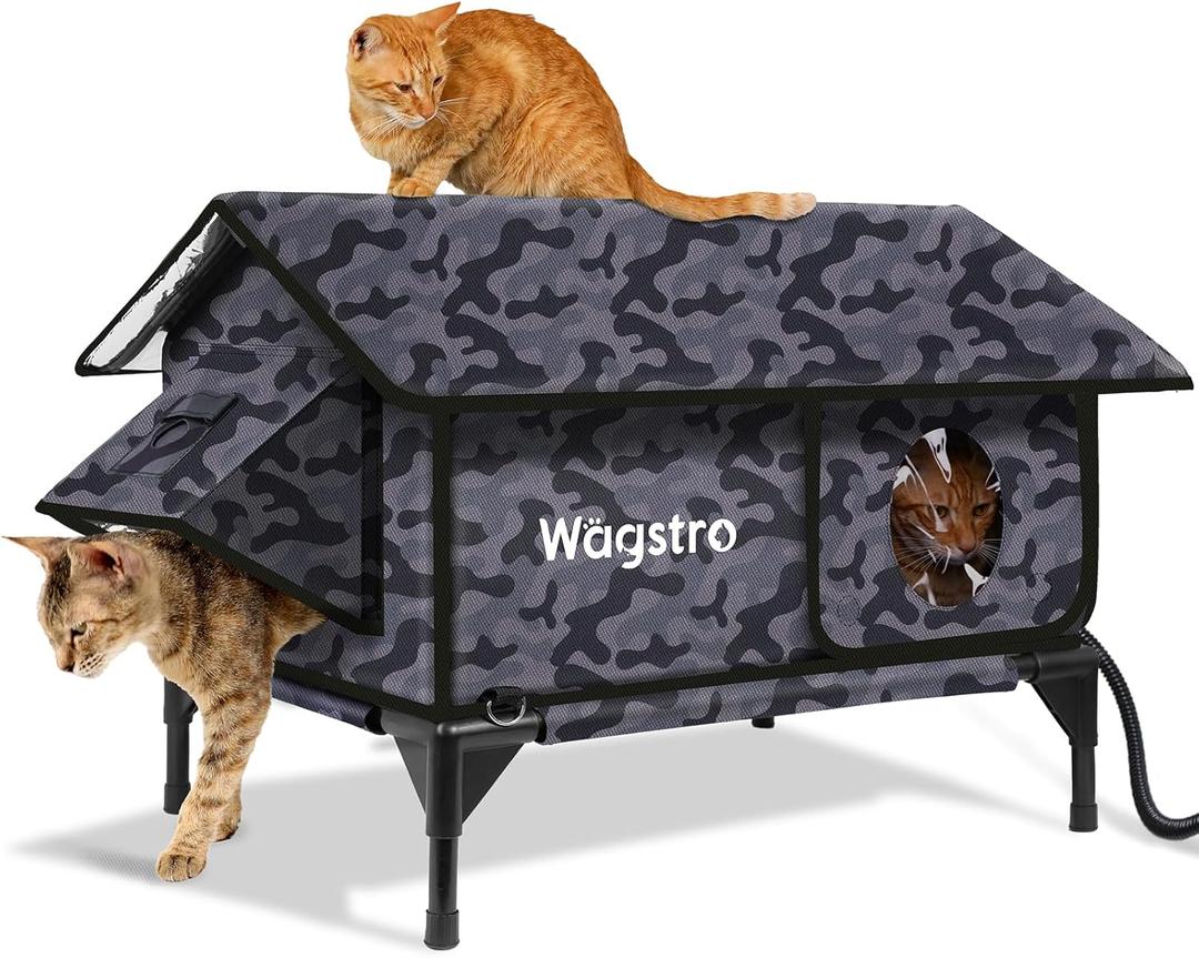 Gable Heated Cat House for Outside Cats in Winter, 100% Waterproof, Escape Door, Elevated, Insulated Outdoor Cat House Shelter with Heater for Feral Cat (Camo Black, 24"x16"x19")