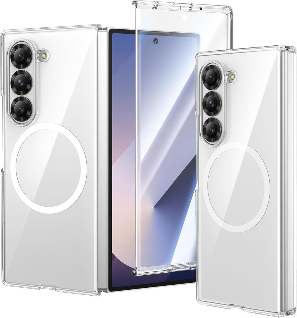 VEGO for Galaxy Z Fold 6 Case, with Front Tempered Glass Screen Protector, Compatible with MagSafe, Slim Transparent Magnetic Protective Crystal Clear Cover for Samsung Z Fold6 - Clear