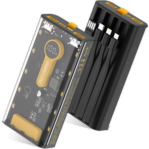 Portable Charger 10000mAh,22.5W Fast Charging Power Bank with Built in Cables,Transparent External Battery Pack with Flashlight,USB C in&out Portable Phone Charger for iPhone Samsung Android Cellphone Transparent+Black