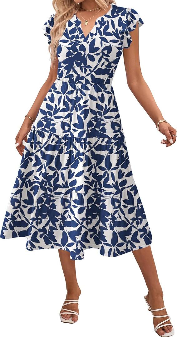Zeagoo Womens Summer Casual Dresses Ruffle Sleeve V Neck Midi Dress Flowy Tiered Dress with Pockets Boho Sundresses (Large, Black White-printed-1)