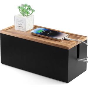 Wood Cable Management Box - Cable Organizer Box - 2 Open Slots Cords Hider Box - Under Desk Cord Organizer for Power Strip Extension Cord Surge Protector Charger Wire, Black (Medium)