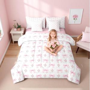 Erosebridal 7 Piece Bow Pink Comforter Set Queen Bed in a Bag for Girls Kids,Girly Pink Floral Coquette Bedding Sets Cute Bowknot Ribbon Heart Quilt Dreamy Princess Style Bow Sheets with Comforter