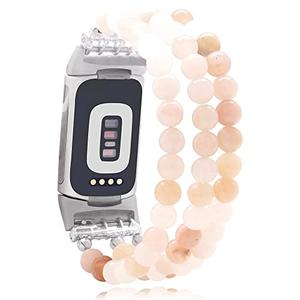C&L Accessories Compatible with Fitbit Charge 5/ Charge 6 Bands, Natural Gemstone Beaded Adjustable Bracelet Replacement Bands for Women (Pink Aventurine)