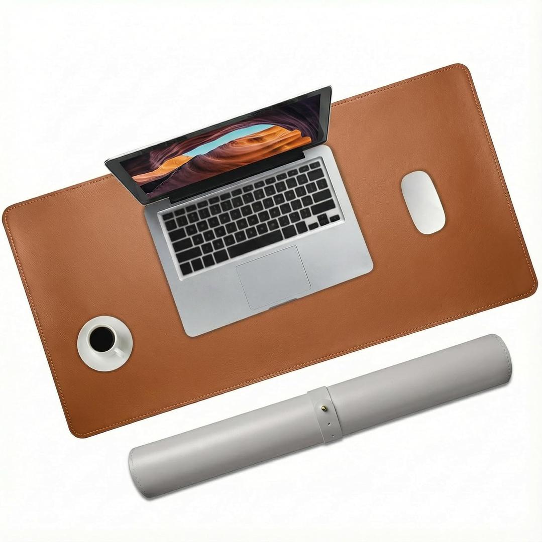 Double-Sided Leather PU Large Mouse pad, Computer Desk pad Non-Slip, Waterproof, Easy to Clean, Suitable for Office and Home Office Writing (Light Brown and Silver Gray, 31.515.7 Inches)