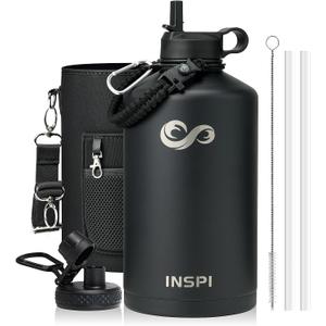 One Gallon Water Bottle Insulated,128 oz Large Food-Grade Stainless Steel Water Bottle (Cold for 48 Hrs), Leak Proof & Non-BPA, Large Water Flask Jug with Paracord Handle & Straw Spout Lids,Black