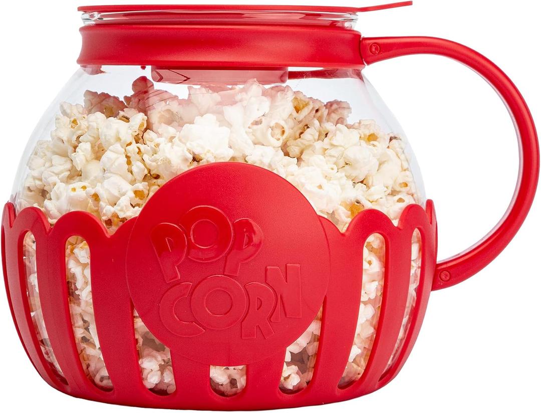 Ecolution Patented MicroPop Microwave Popcorn Popper with Temperature Safe Glass, 3in1 Lid Measures Kernels and Melts Butter, Made Without BPA, Dishwasher Safe, 3Quart, Red