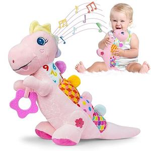 Baby Dino Musical Stuffed Animal Toys for 0-3-6-9-12 MonthsInfant Dinosaur Tummy Time Toys with Crinkle Sound PaperTeetherTextures & Rattles for Newborn Boys Girls Birthday GiftsPurple