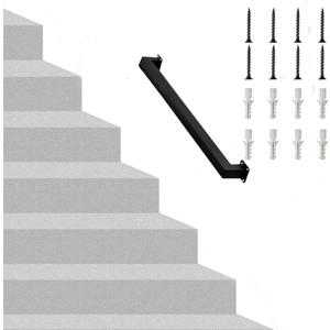 2FT Square Stair Railing Indoor, Black Wall Mount Handrail for Staircase, 440lbs Load Capacity Non-Slip Metal Handrail, Heavy-Duty Carbon Steel Grab Bar for Steps and Porch