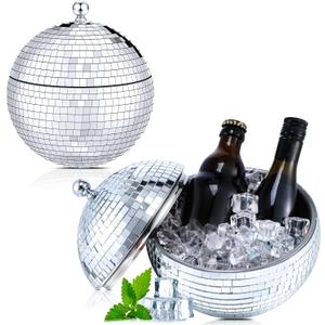 Hoolerry 2L Disco Ball Ice Container or Cocktail Bar Retro 70s Barware Mirror Silver Disco Beverage Vase Bowl Drink Barrel Double Stainless Steel Bachelorette Party Gift Supplies