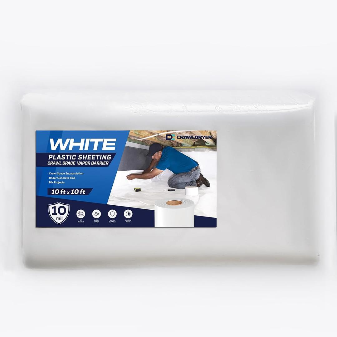 White Crawl Space Vapor Barrier, 10 Mil Vapor Barrier, 10' x 10', White Thick Plastic Sheeting, Heavy Duty Polyethylene Film, White Plastic Drop Cloth Covering for Crawlspace, Basement