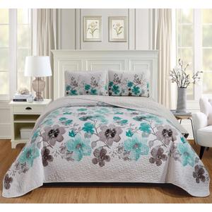 Luxury Home Collection 3 Piece King/California King Quilted Reversible Coverlet Bedspread Set Floral Printed Turquoise White Gray (Lily Turqoise)