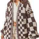 WDIRARA Women's Checkered Cardigan Sweaters Chunky Knit Open Front Long Sleeve Knit Outerwear (L)