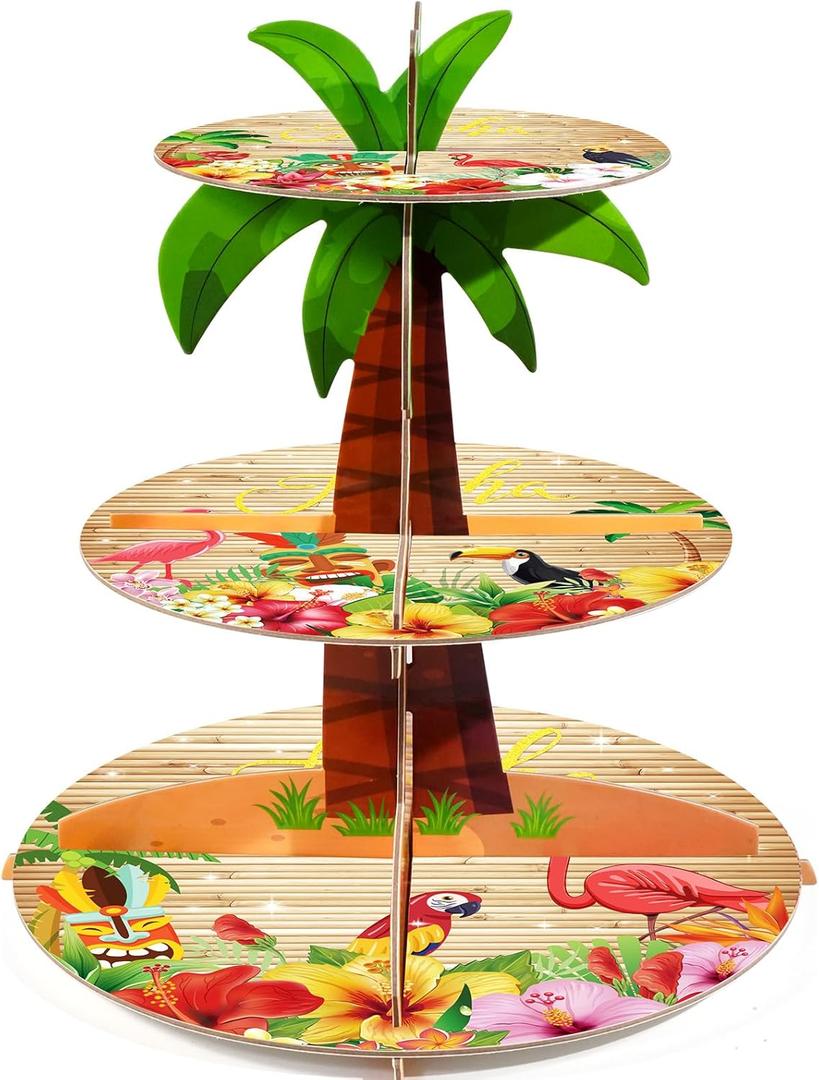 3-Tier Cupcake Stand - Palm Tree Party Decor for Luau, Hawaiian & Tropical Themed Events - Multi-Colored Cardboard Tiered Tray for Beach & Pool Party Decorations (Green)