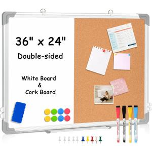 36" x 24" White Board & Cork Board Combo for Wall, Magnetic Double-Sided Dry Erase Board Cork Board Combination Hanging Whiteboard for Planning, Memo, School, Home, Office