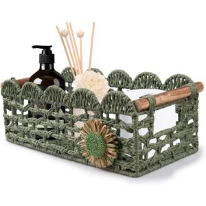 Handbanary Paper Rope Toilet Paper Basket for Back of Toilet, Scalloped Edge Basket for Toilet Tank Top with Handles, Wove Storage Basket for Home Decor Bathroom Bedroom Living Room Countertop, Green