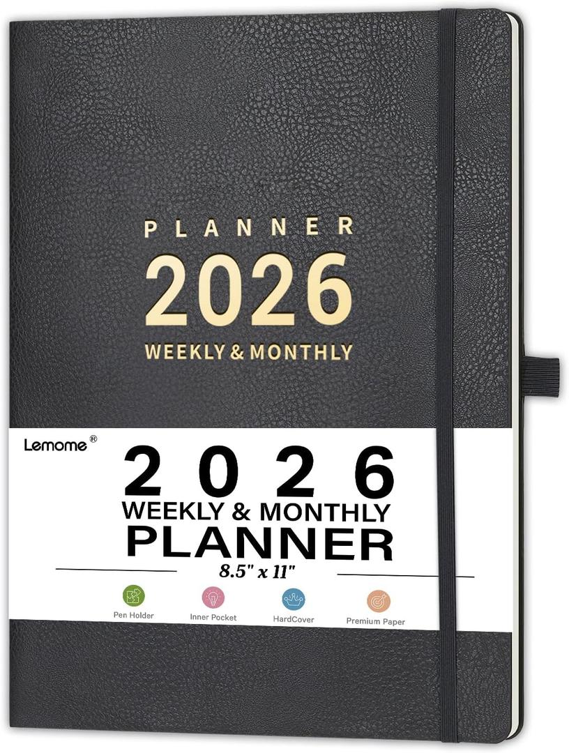 2026 Planner - 8.5" x 11" 2026 Planner Weekly and Monthly, January 2026 - December 2026, Pen Holder, Pocket, 25 Notes Pages, Faux Leather Cover, A4 Premium Paper - Gray