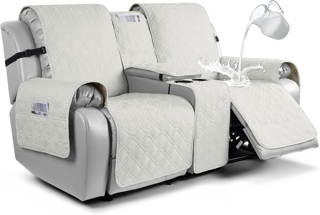VANSOFY Loveseat Recliner Cover with Console 100% Waterproof Sofa Slipcovers Non-Slip Reclining Couch Cover Split Sofa Covers Furniture Protector for Pets, Dogs(Beige) (2 Seater+Console)