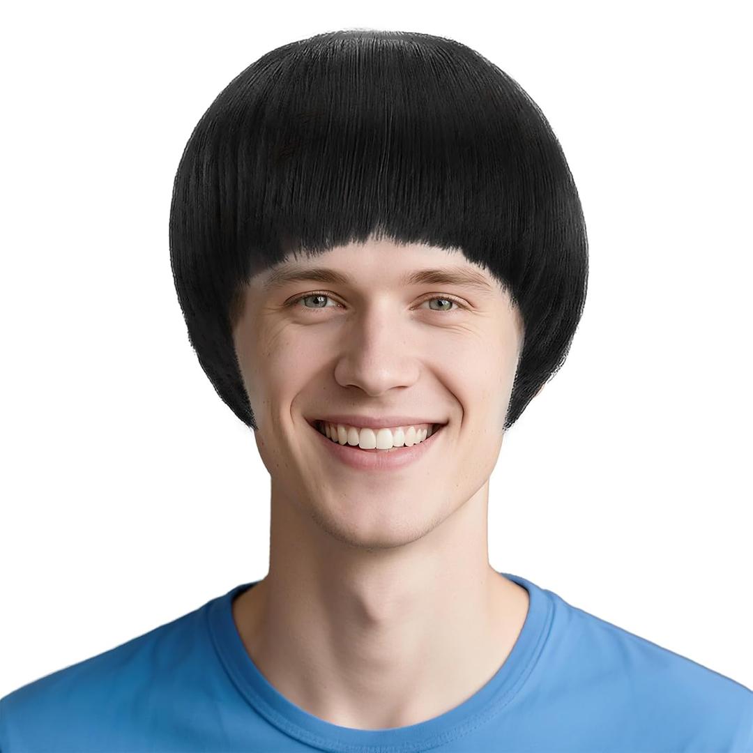 Bowl Cut Wig for Men - Black Mushroom Wigs, Short Funny Wigs 60s Bob Hair With Bang for Anime Movie Music Costume Halloween Cosplay Party