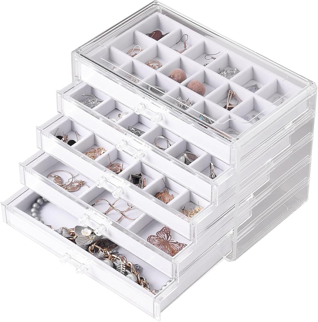 Frebeauty Acrylic Jewelry Organizer Earring Organizer Box with 5 Drawers Earring Holder Organizer with Velvet Trays Clear Jewelry Box for Women Earring Display for Rings Studs(White)