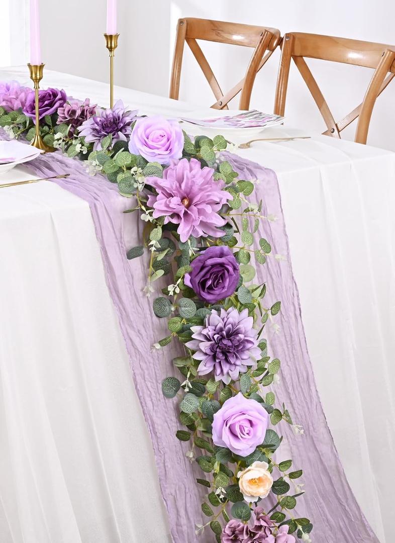 Waipfaru Flower Garland, 6.07Ft Eucalyptus Garland with Flowers, Silk Rose Floral Vines for Wedding Reception Table Mantle Decor (Purple) (1 Pack)