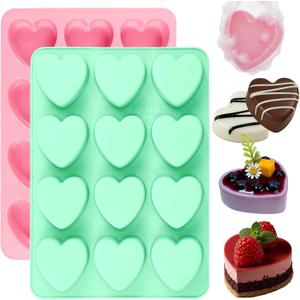 2 Pack Heart Chocolate Mold, 12-Cavities Heart Shaped Silicone Molds for Baking, Chocolate, Jello, Muffin, Brownie, Ice Cubes, Non-Stick Heart Silicone Mold for Mother's Day Baking & Crayons Soap